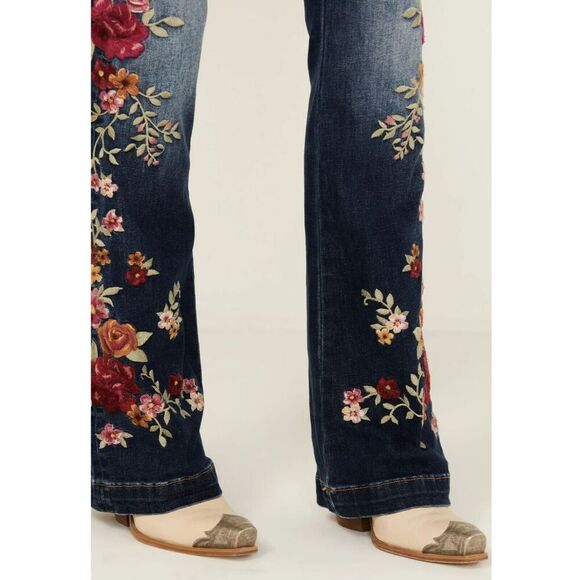 Driftwood xFree People Sz 29 Med. Wash Wyatt Floral Embroidered Bootcut Jeans - Picture 12 of 12